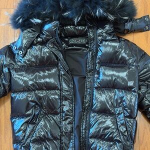 Scotch Bonnet Glossy Black Kids Puffer Jacket with Faux Fur Trim Hood